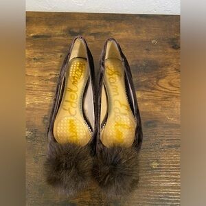 Sam Edelman Raddie Velvet Brown Flats with Fur Pom Pom